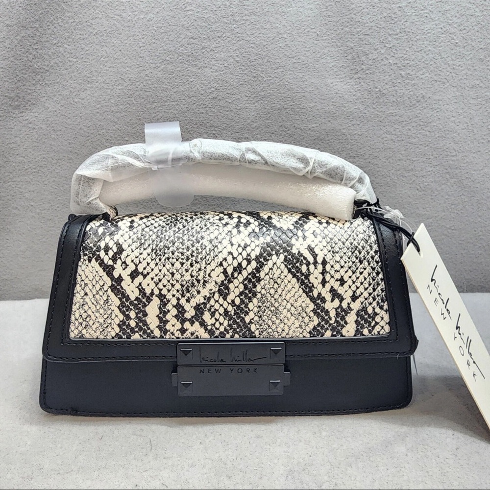 NWT Nicole Miller Black and Cream Mini Bag with Snakeskin Accent